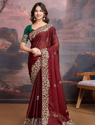 Maroon floral embroidered saree with blouse 2