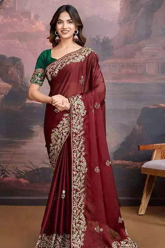 Maroon floral embroidered saree with blouse