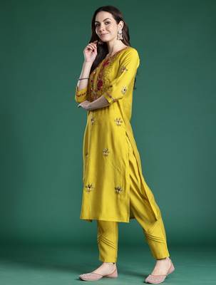 Mustard embroidered silk blend kurta trouser dupatta set 2