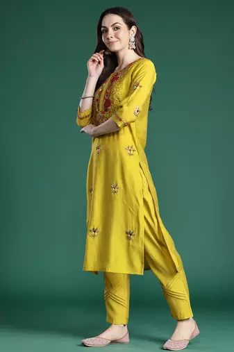 Mustard embroidered silk blend kurta trouser dupatta set