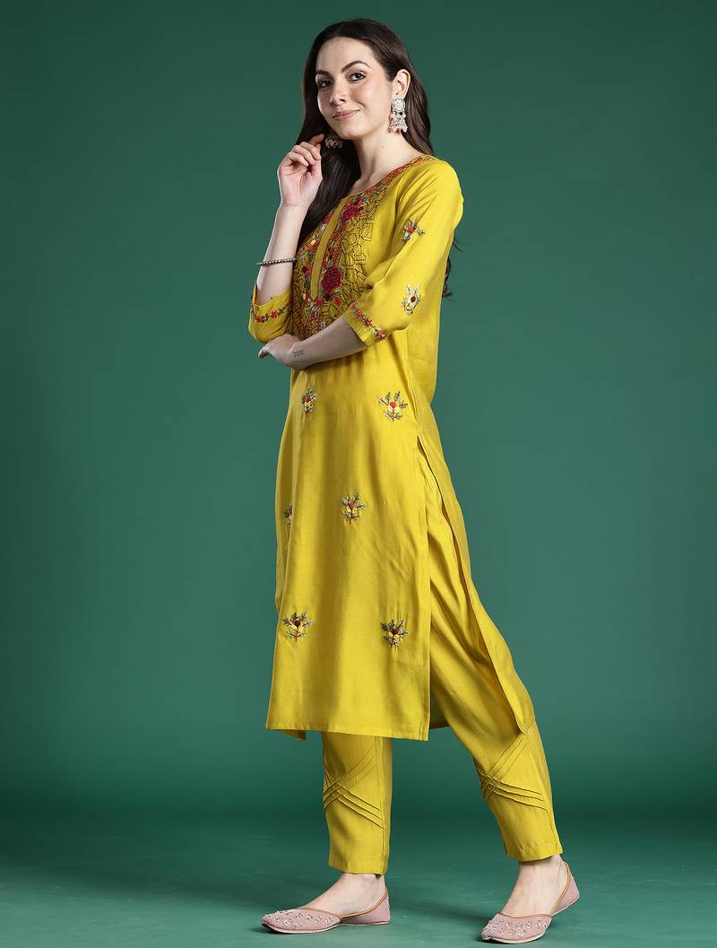 Mustard embroidered silk blend kurta trouser dupatta set