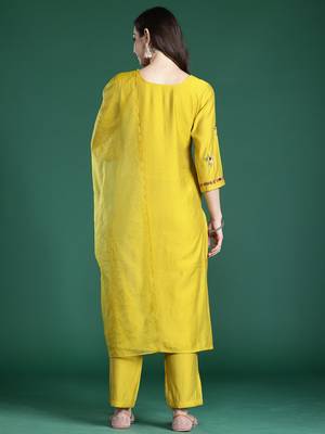 Mustard embroidered silk blend kurta trouser dupatta set 3