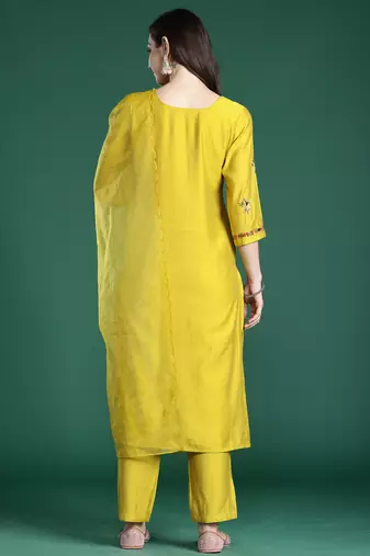 Mustard embroidered silk blend kurta trouser dupatta set