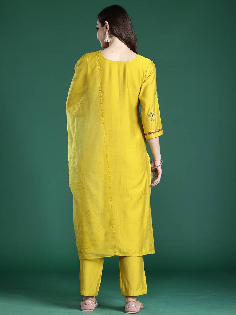 Mustard embroidered silk blend kurta trouser dupatta set