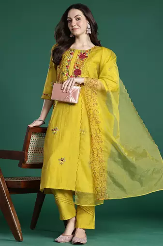 Mustard embroidered silk blend kurta trouser dupatta set