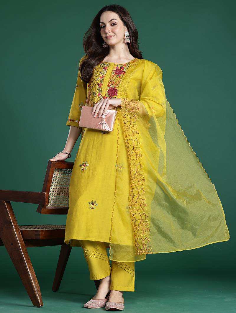 Mustard embroidered silk blend kurta trouser dupatta set