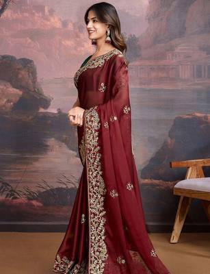 Maroon floral embroidered saree with blouse 3