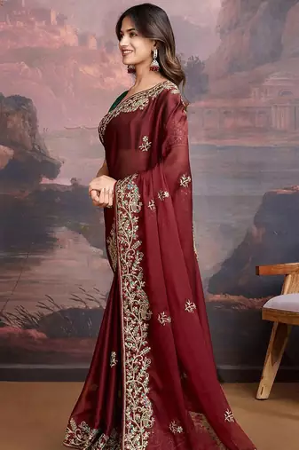 Maroon floral embroidered saree with blouse
