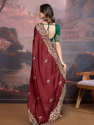 Maroon floral embroidered saree with blouse 4