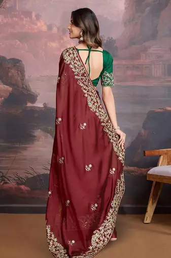 Maroon floral embroidered saree with blouse