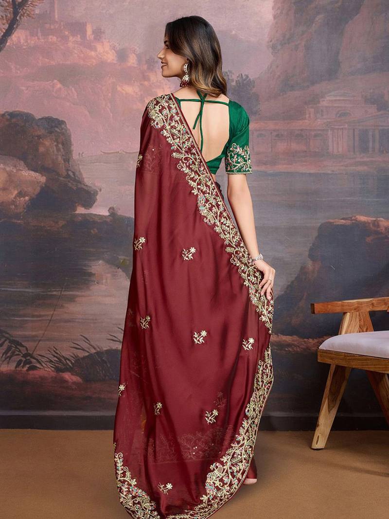 Maroon floral embroidered saree with blouse