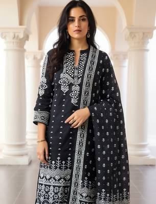 Black printed pure cotton kurta trouser dupatta set 1