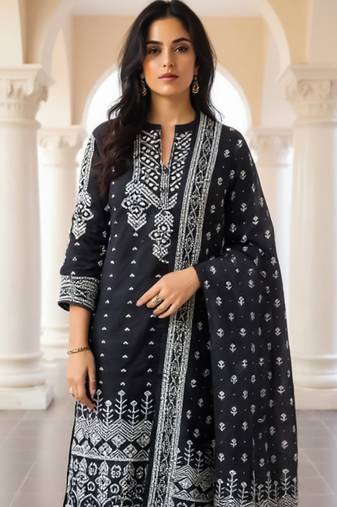 Black printed pure cotton kurta trouser dupatta set