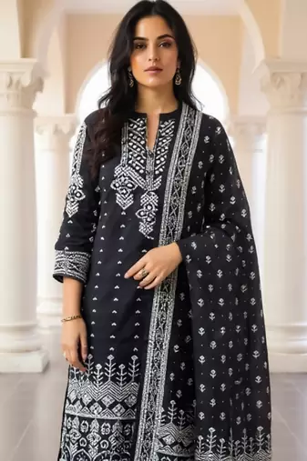 Black printed pure cotton kurta trouser dupatta set