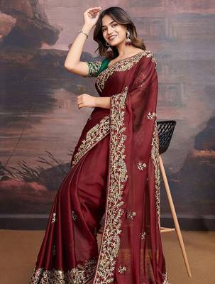 Maroon floral embroidered saree with blouse 5
