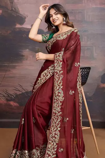 Maroon floral embroidered saree with blouse