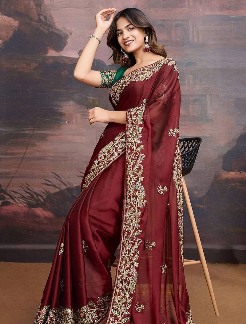 Maroon floral embroidered saree with blouse