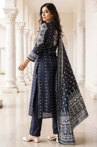 Black printed pure cotton kurta trouser dupatta set