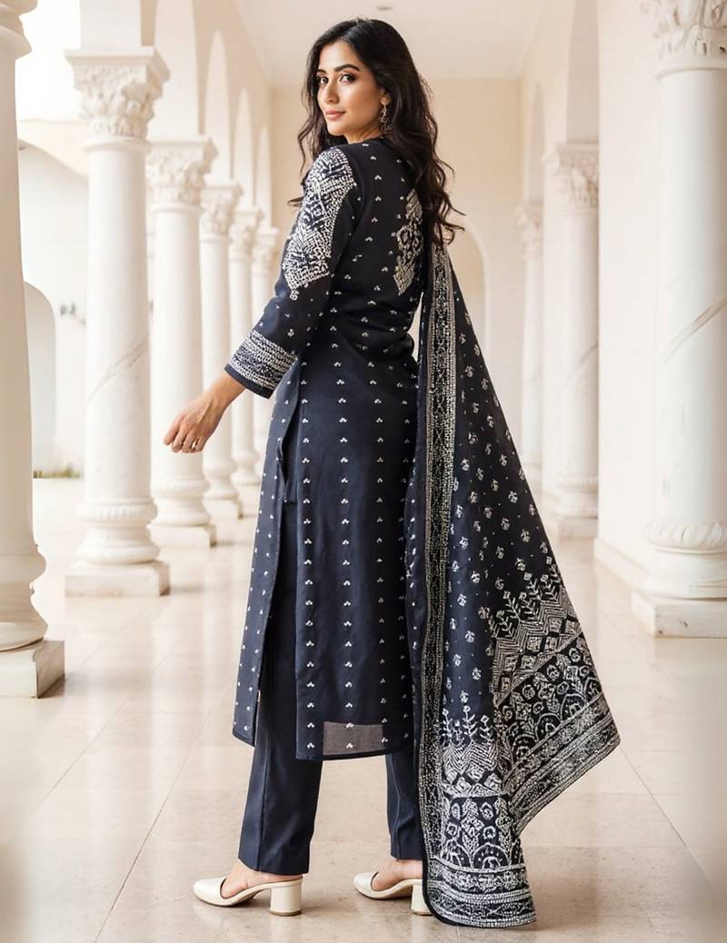 Black printed pure cotton kurta trouser dupatta set