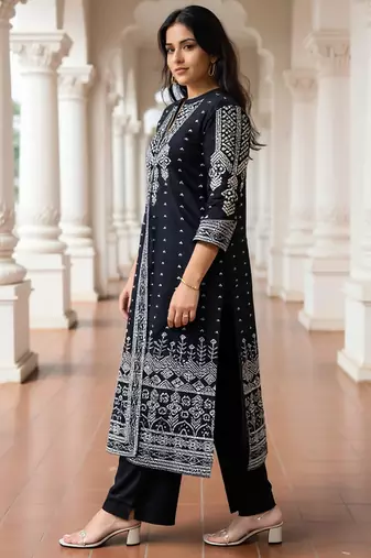 Black printed pure cotton kurta trouser dupatta set