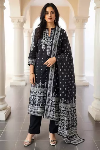 Black printed pure cotton kurta trouser dupatta set
