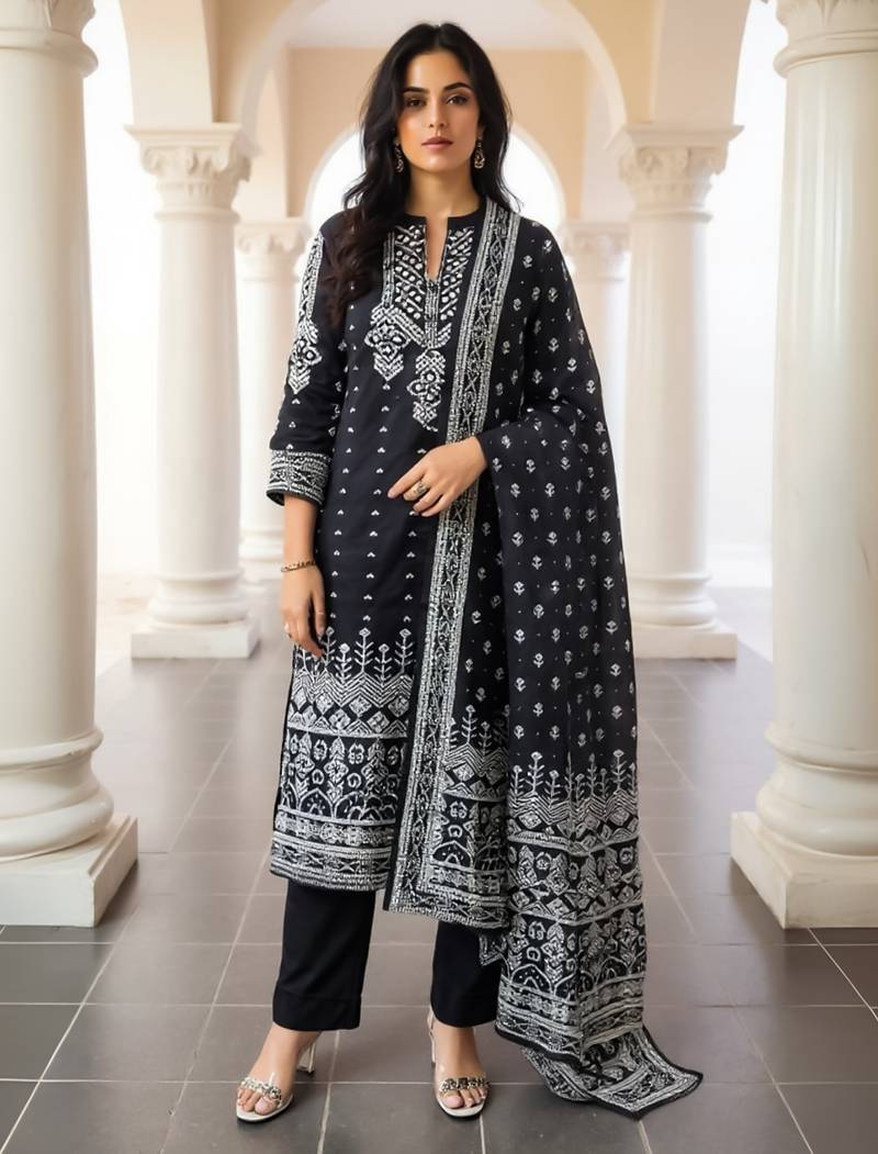 Black printed pure cotton kurta trouser dupatta set