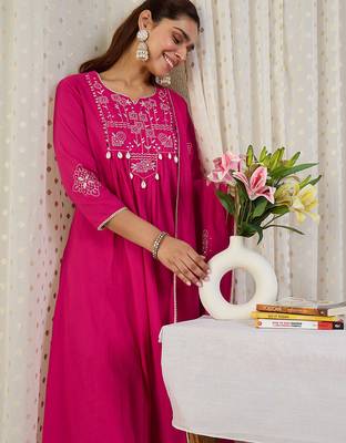 Pink embroidered pure cotton kurta trouser dupatta set 1