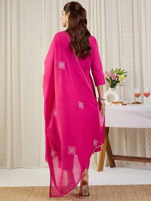 Pink embroidered pure cotton kurta trouser dupatta set 2