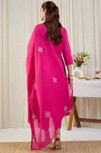 Pink embroidered pure cotton kurta trouser dupatta set