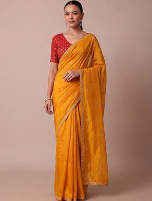 Yellow embellished embroidered silk blend saree 1