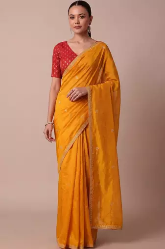 Yellow embellished embroidered silk blend saree