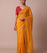 Yellow embellished embroidered silk blend saree
