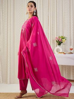 Pink embroidered pure cotton kurta trouser dupatta set 3