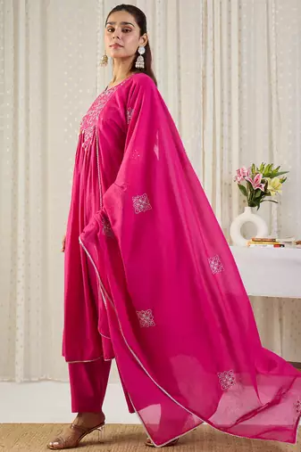 Pink embroidered pure cotton kurta trouser dupatta set
