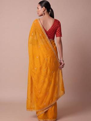 Yellow embellished embroidered silk blend saree 2