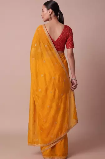 Yellow embellished embroidered silk blend saree