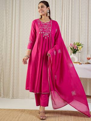 Pink embroidered pure cotton kurta trouser dupatta set 4