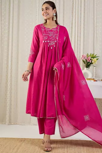 Pink embroidered pure cotton kurta trouser dupatta set