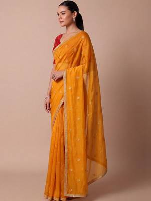 Yellow embellished embroidered silk blend saree 3