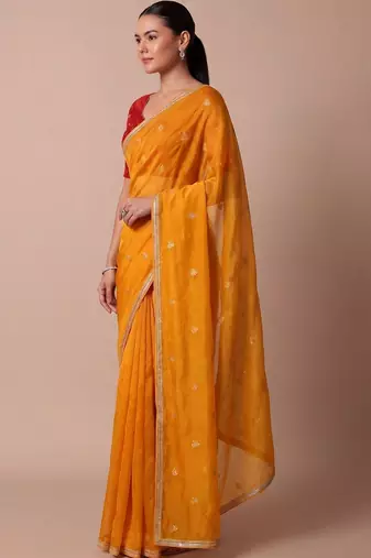 Yellow embellished embroidered silk blend saree