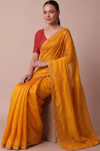Yellow embellished embroidered silk blend saree