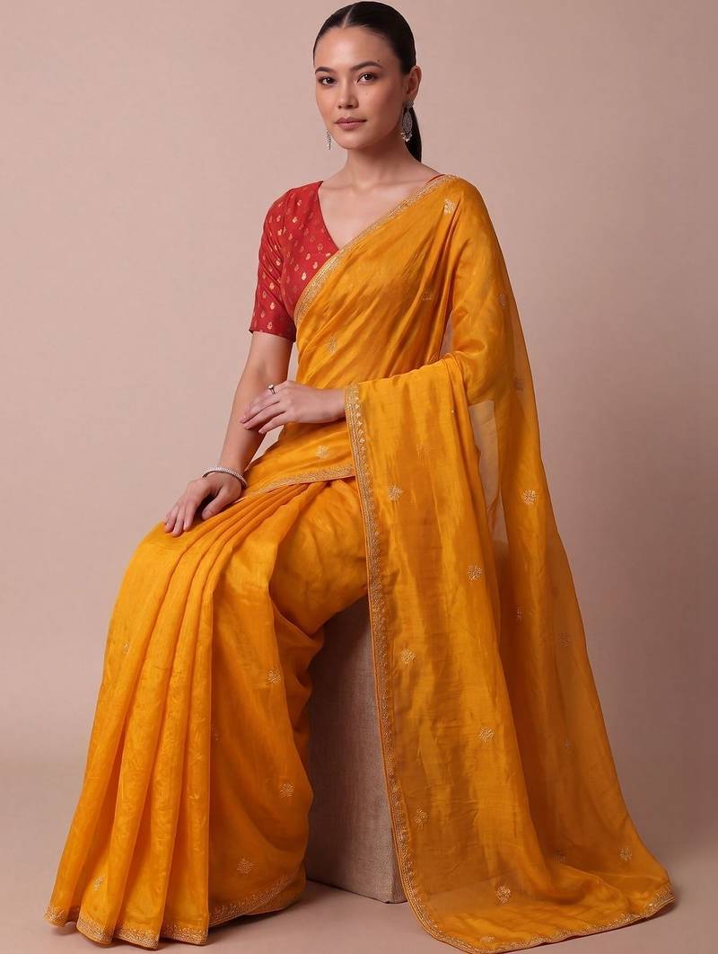 Yellow embellished embroidered silk blend saree