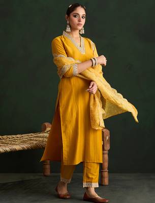 Mustard embroidered silk blend kurta trouser dupatta set 1