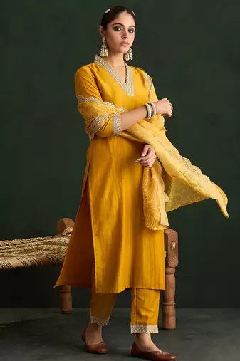 Mustard embroidered silk blend kurta trouser dupatta set