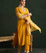 Mustard embroidered silk blend kurta trouser dupatta set