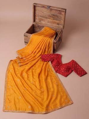 Yellow embellished embroidered silk blend saree 5