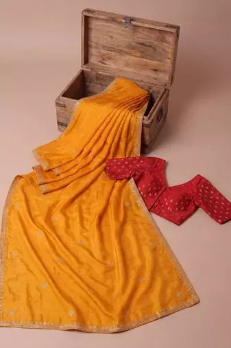 Yellow embellished embroidered silk blend saree
