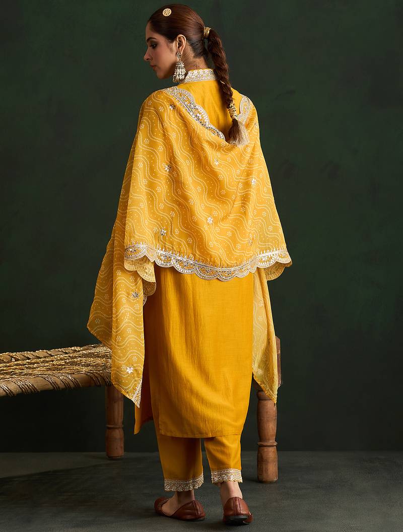 Mustard embroidered silk blend kurta trouser dupatta set