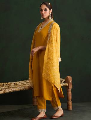 Mustard embroidered silk blend kurta trouser dupatta set 3