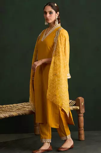 Mustard embroidered silk blend kurta trouser dupatta set